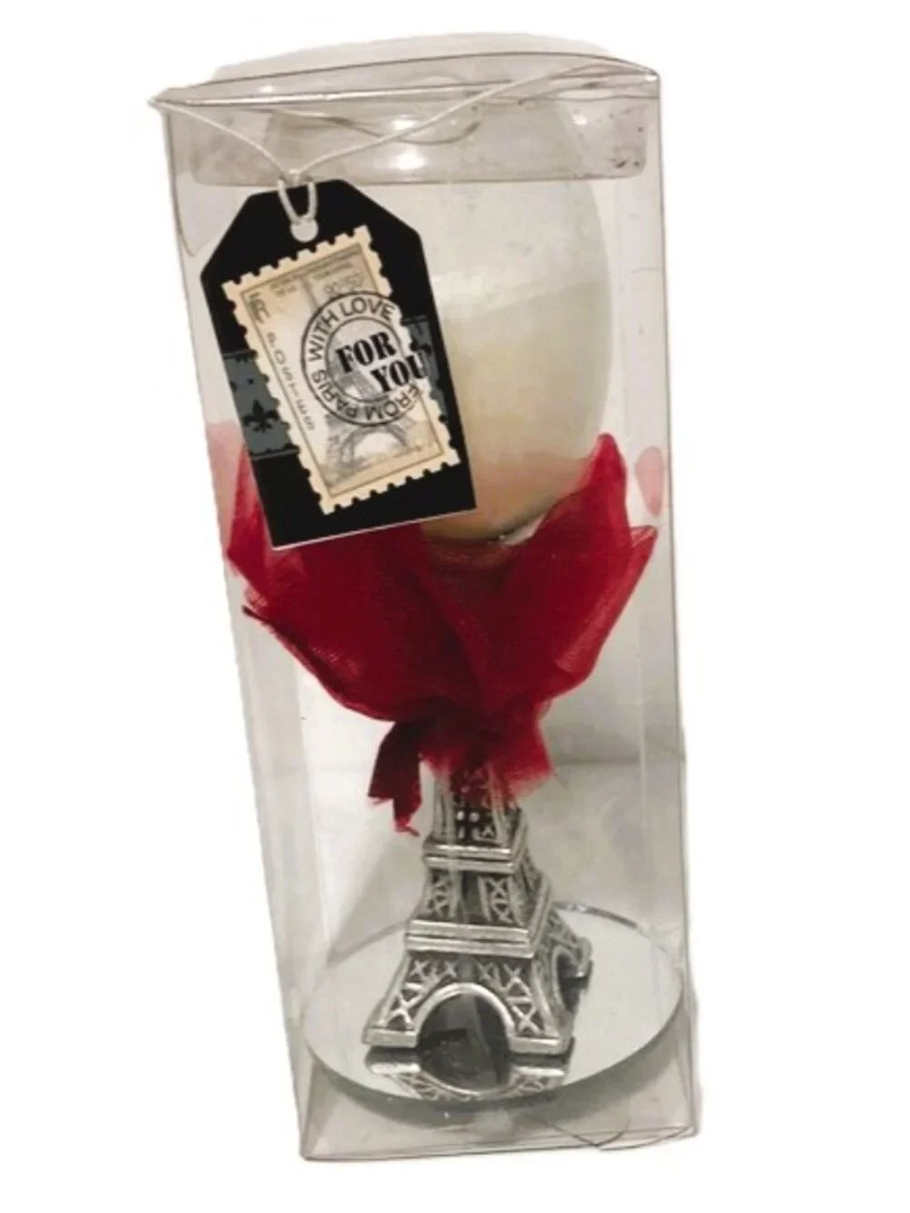 EIFFEL TOWER Wine Glass Candle Holder with Candle and Red Ribbon 4.5 inches